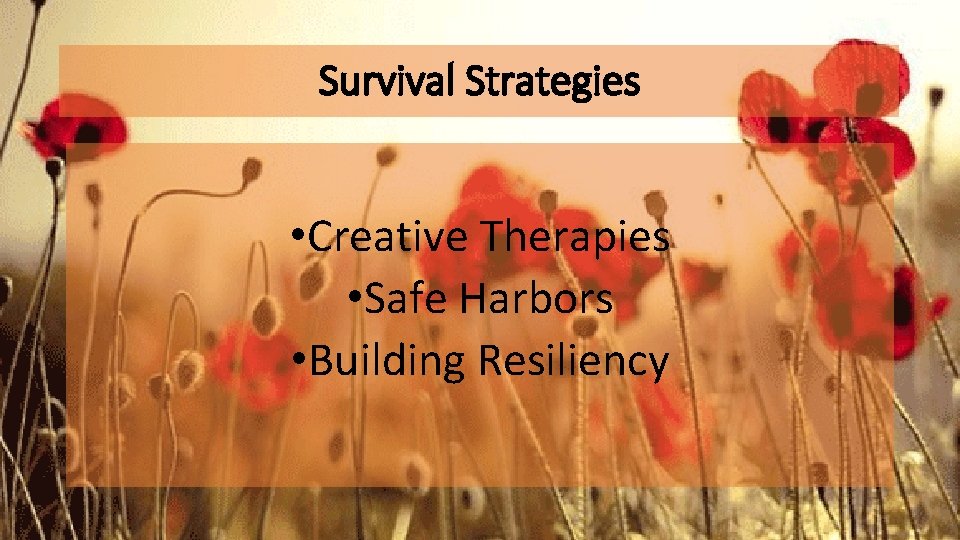 Survival Strategies • Creative Therapies • Safe Harbors • Building Resiliency 