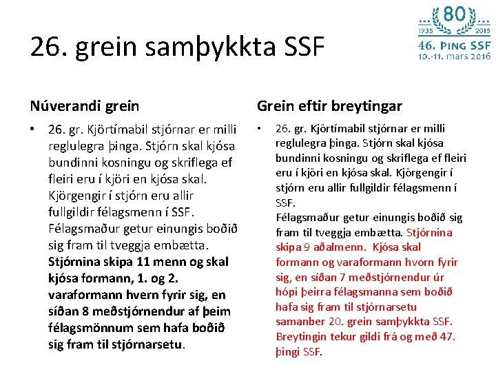 26. grein samþykkta SSF Núverandi grein Grein eftir breytingar • 26. gr. Kjörtímabil stjórnar