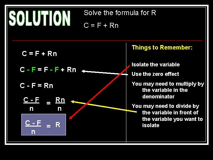 Solve the formula for R C = F + Rn C - F =