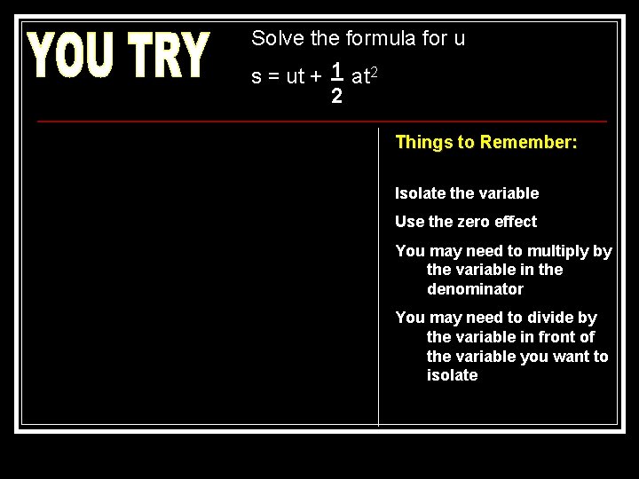 Solve the formula for u s = ut + 1 at 2 2 Things