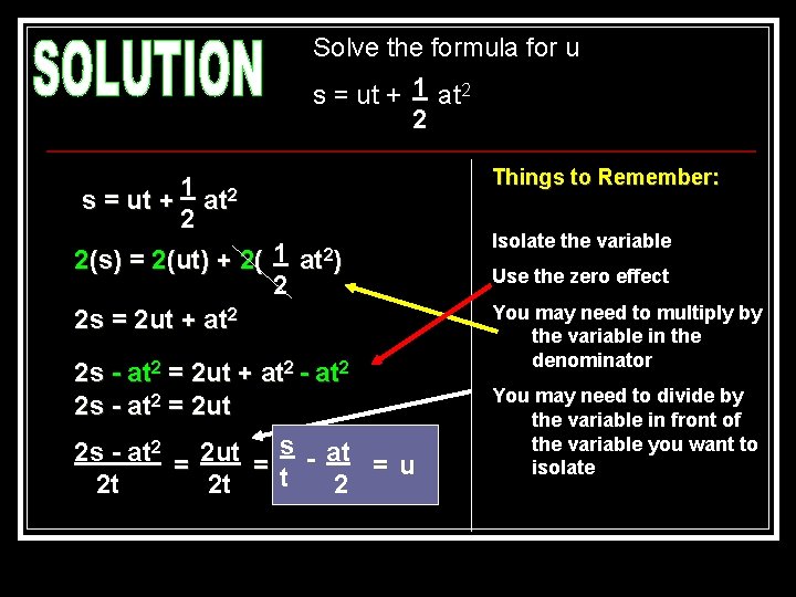 Solve the formula for u s = ut + 1 at 2 2 Things