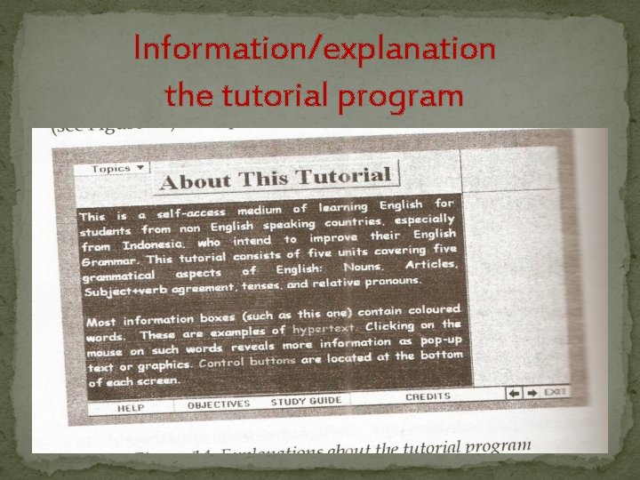 Information/explanation the tutorial program 