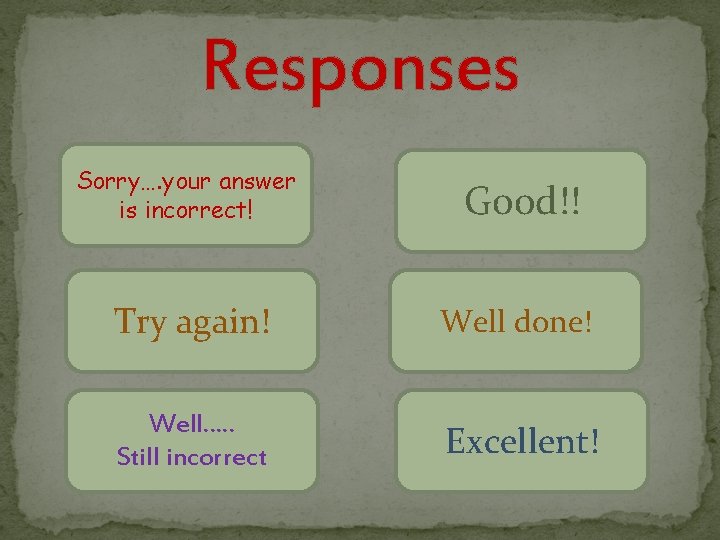 Responses Sorry…. your answer is incorrect! Good!! Try again! Well done! Well…. . Still