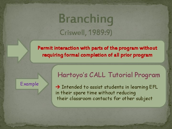 Branching Criswell, 1989: 9) Permit interaction with parts of the program without requiring formal