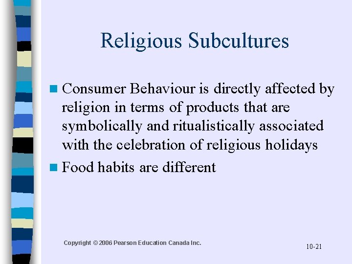 Religious Subcultures n Consumer Behaviour is directly affected by religion in terms of products