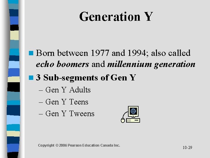 Generation Y n Born between 1977 and 1994; also called echo boomers and millennium