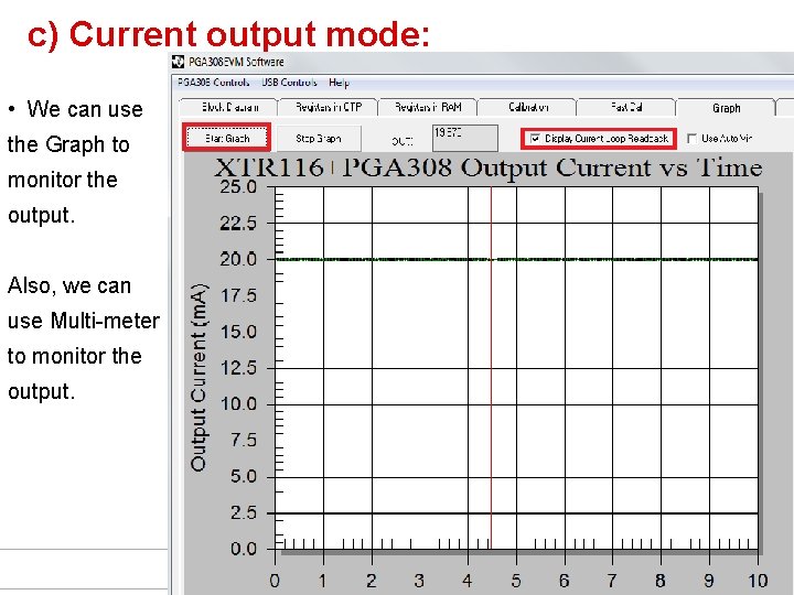 c) Current output mode: • We can use the Graph to monitor the output.