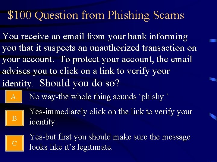 $100 Question from Phishing Scams You receive an email from your bank informing you