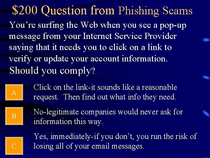 $200 Question from Phishing Scams You’re surfing the Web when you see a pop-up