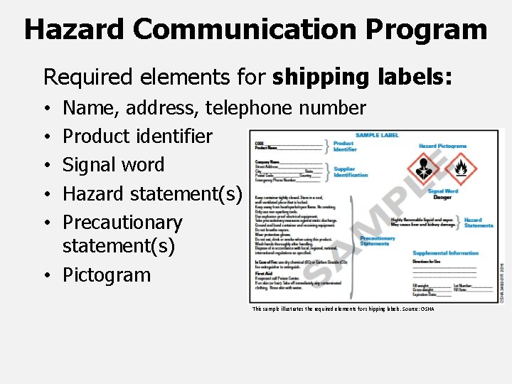 Hazard Communication Program Required elements for shipping labels: Name, address, telephone number Product identifier