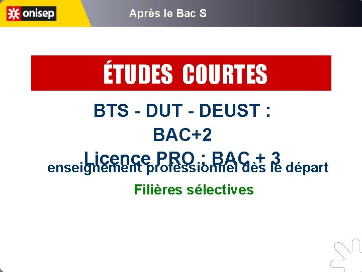 Après le Bac S ÉTUDES COURTES BTS - DUT - DEUST : BAC+2 Licence
