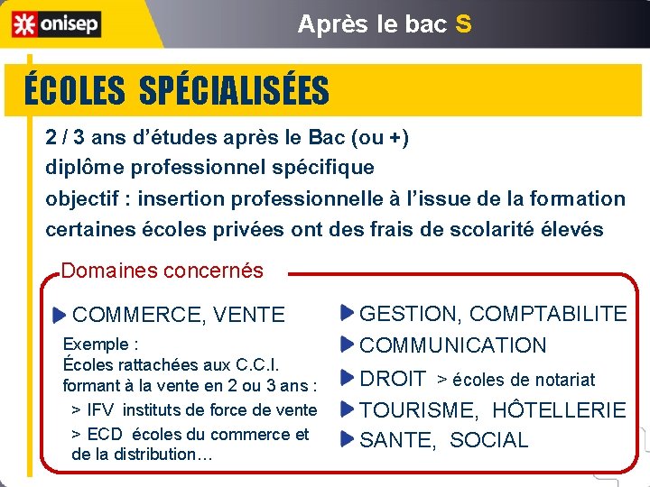 Après le bac S ÉCOLES SPÉCIALISÉES 2 / 3 ans d’études après le Bac