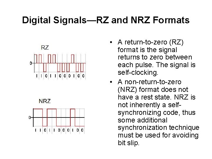 Digital Signals—RZ and NRZ Formats • A return-to-zero (RZ) format is the signal returns