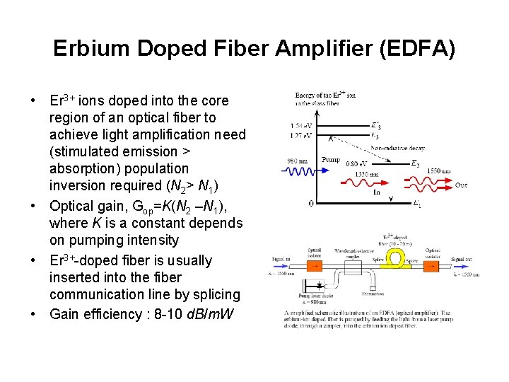 Erbium Doped Fiber Amplifier (EDFA) • Er 3+ ions doped into the core region