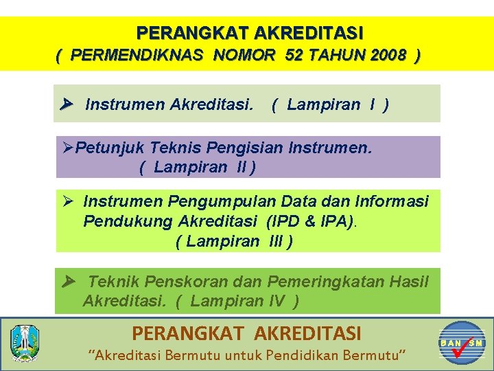 PERANGKAT AKREDITASI ( PERMENDIKNAS NOMOR 52 TAHUN 2008 ) Instrumen Akreditasi. ( Lampiran I