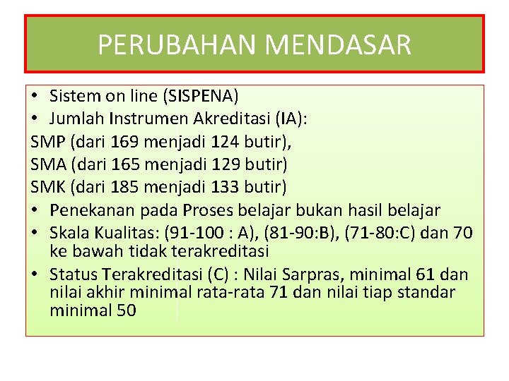 PERUBAHAN MENDASAR • Sistem on line (SISPENA) • Jumlah Instrumen Akreditasi (IA): SMP (dari