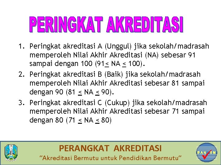 1. Peringkat akreditasi A (Unggul) jika sekolah/madrasah memperoleh Nilai Akhir Akreditasi (NA) sebesar 91
