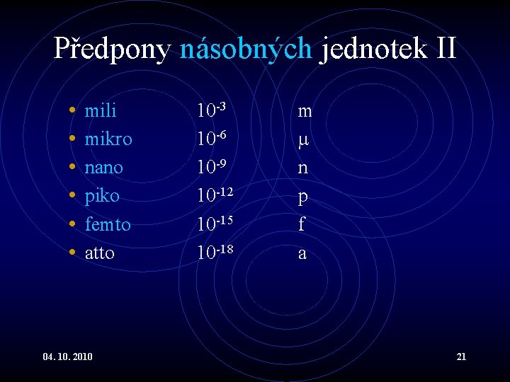 Předpony násobných jednotek II • • • mili mikro nano piko femto atto 04.