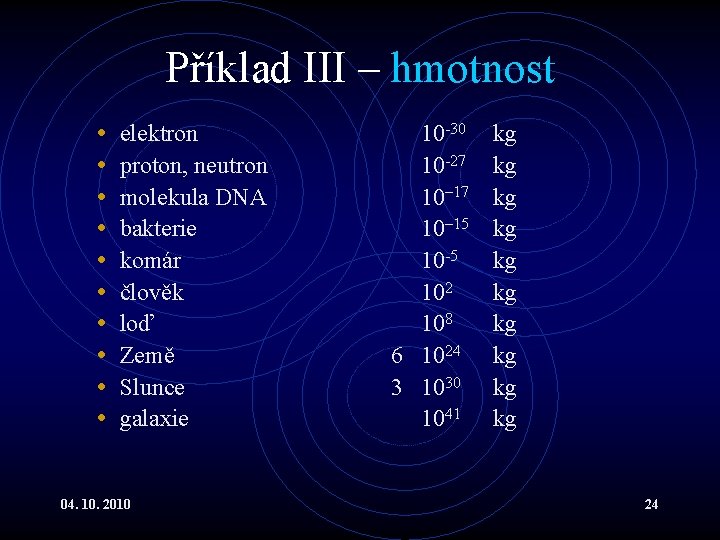 Příklad III – hmotnost • • • elektron proton, neutron molekula DNA bakterie komár