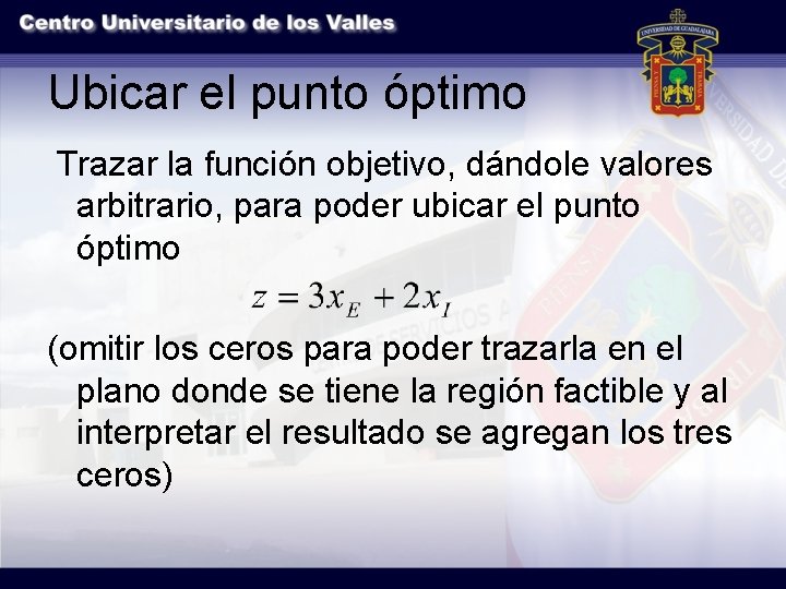 Ubicar el punto óptimo Trazar la función objetivo, dándole valores arbitrario, para poder ubicar
