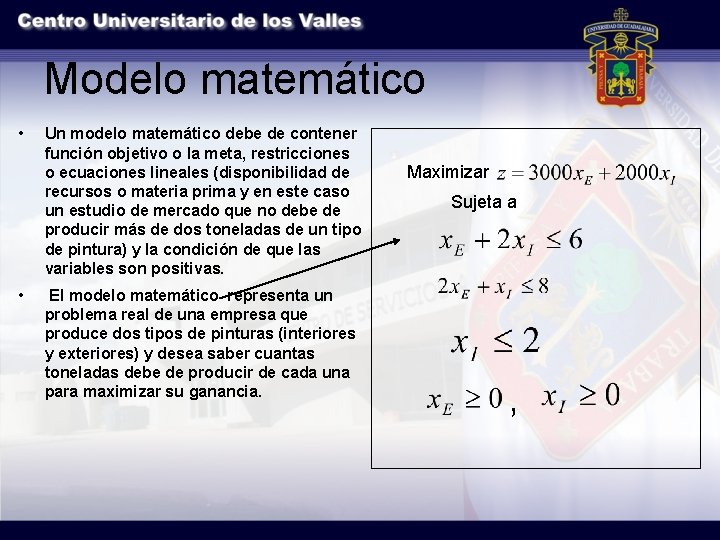 Modelo matemático • • Un modelo matemático debe de contener función objetivo o la