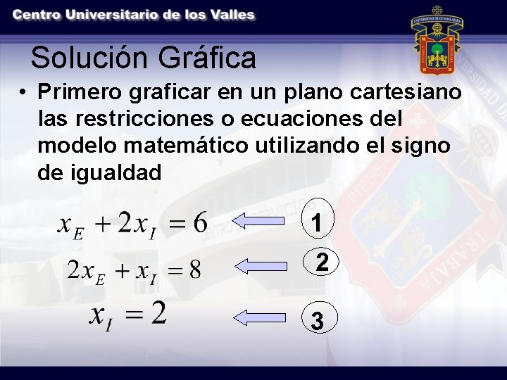 Solución Gráfica • Primero graficar en un plano cartesiano las restricciones o ecuaciones del