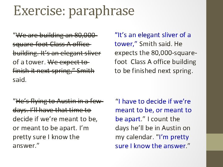 Exercise: paraphrase “We are building an 80, 000 square-foot Class A office building. It’s