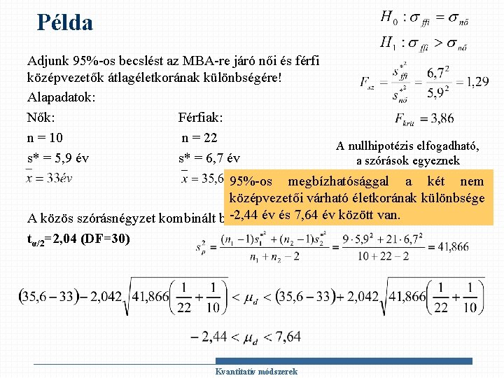 Példa Adjunk 95%-os becslést az MBA-re járó női és férfi középvezetők átlagéletkorának különbségére! Alapadatok: