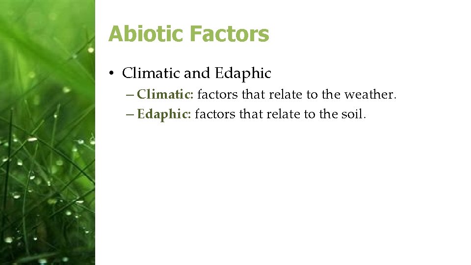 Abiotic Factors • Climatic and Edaphic – Climatic: factors that relate to the weather.