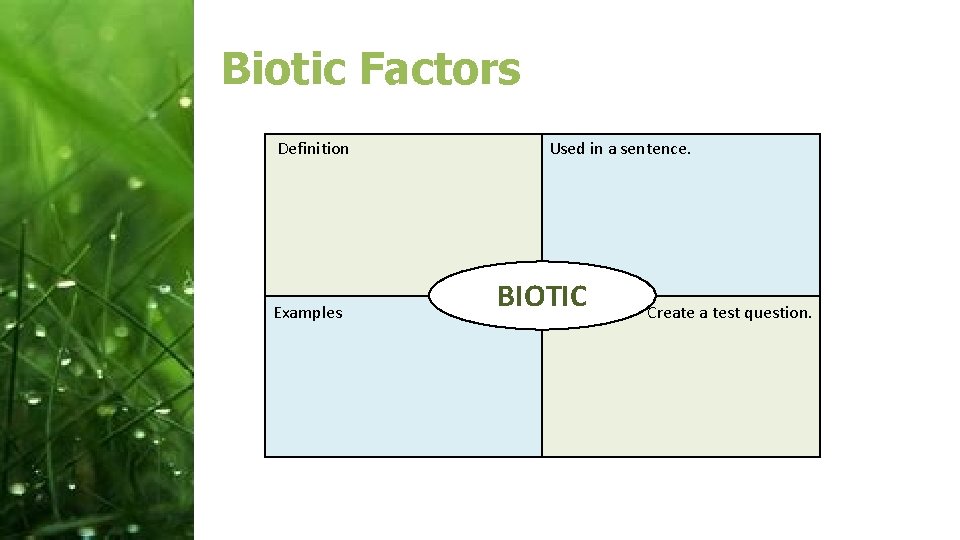 Biotic Factors Definition Examples Used in a sentence. BIOTIC Create a test question. 