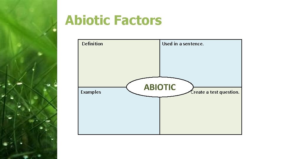 Abiotic Factors Definition Examples Used in a sentence. ABIOTIC Create a test question. 