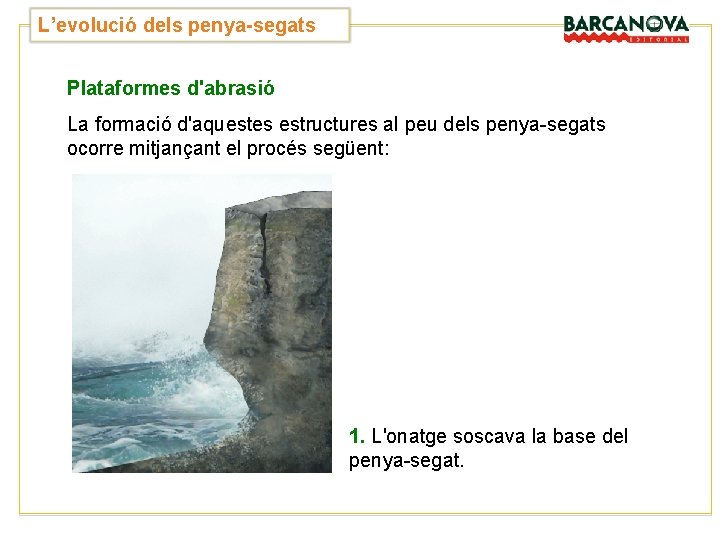 L’evolució dels penya-segats Plataformes d'abrasió La formació d'aquestes estructures al peu dels penya-segats ocorre L’evolució dels penya-segats Plataformes d'abrasió La formació d'aquestes estructures al peu dels penya-segats ocorre