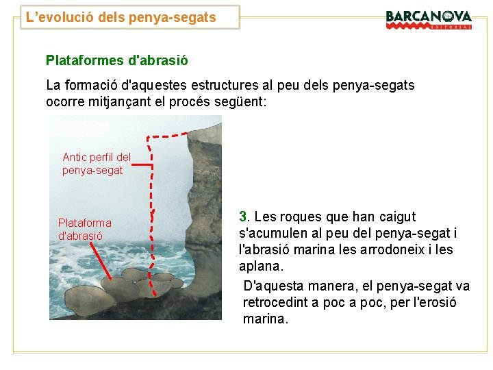 L’evolució dels penya-segats Plataformes d'abrasió La formació d'aquestes estructures al peu dels penya-segats ocorre L’evolució dels penya-segats Plataformes d'abrasió La formació d'aquestes estructures al peu dels penya-segats ocorre
