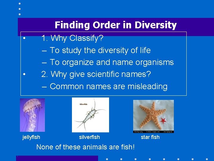 Finding Order in Diversity • 1. Why Classify? – To study the diversity of