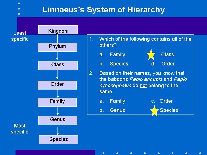 Linnaeus’s System of Hierarchy Least specific Kingdom 1. Phylum Class 2. a. Family c.