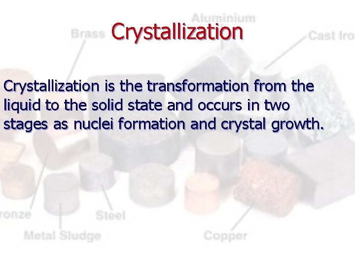 Crystallization is the transformation from the liquid to the solid state and occurs in