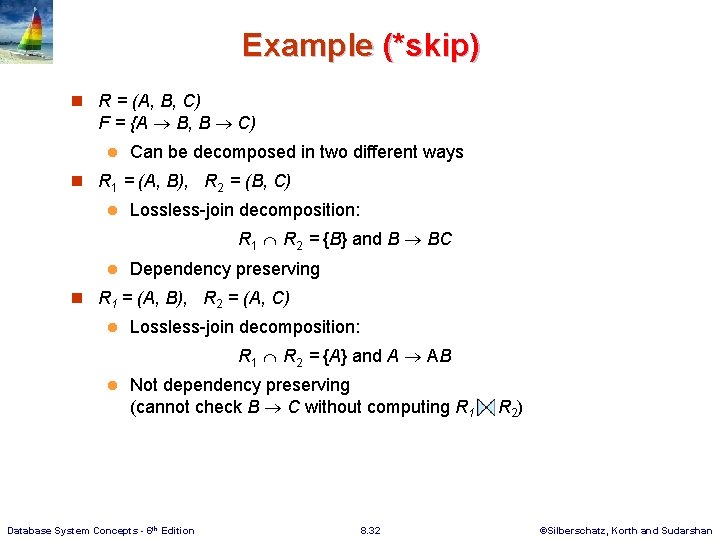 Example (*skip) n R = (A, B, C) F = {A B, B C)