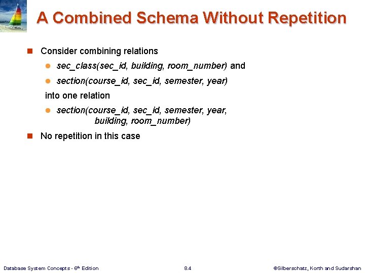 A Combined Schema Without Repetition n Consider combining relations l sec_class(sec_id, building, room_number) and A Combined Schema Without Repetition n Consider combining relations l sec_class(sec_id, building, room_number) and