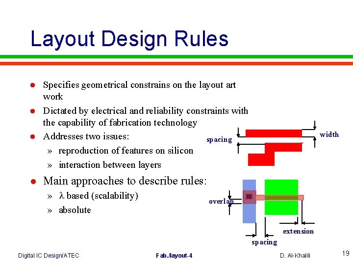 Layout Design Rules l l Specifies geometrical constrains on the layout art work Dictated