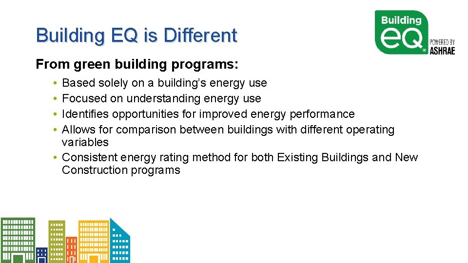 Building EQ is Different From green building programs: • • Based solely on a
