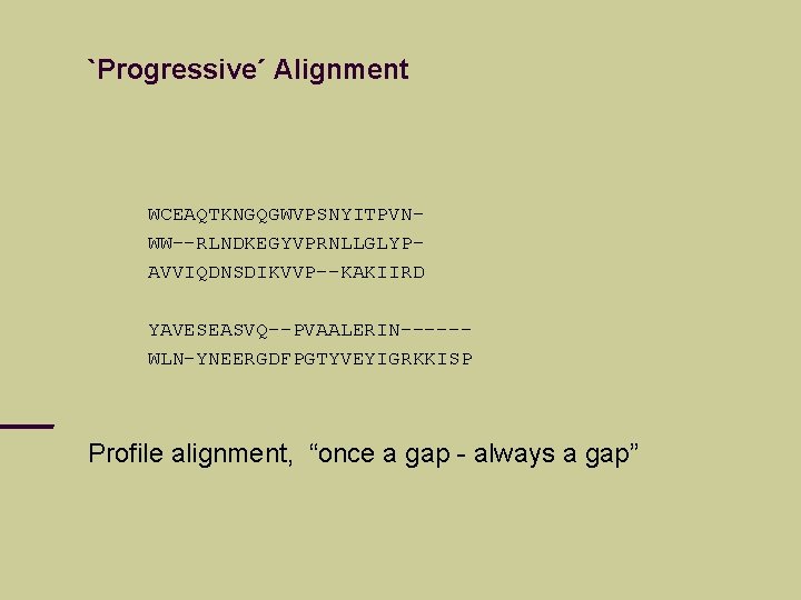 `Progressive´ Alignment WCEAQTKNGQGWVPSNYITPVNWW--RLNDKEGYVPRNLLGLYPAVVIQDNSDIKVVP--KAKIIRD YAVESEASVQ--PVAALERIN-----WLN-YNEERGDFPGTYVEYIGRKKISP Profile alignment, “once a gap - always a gap” 