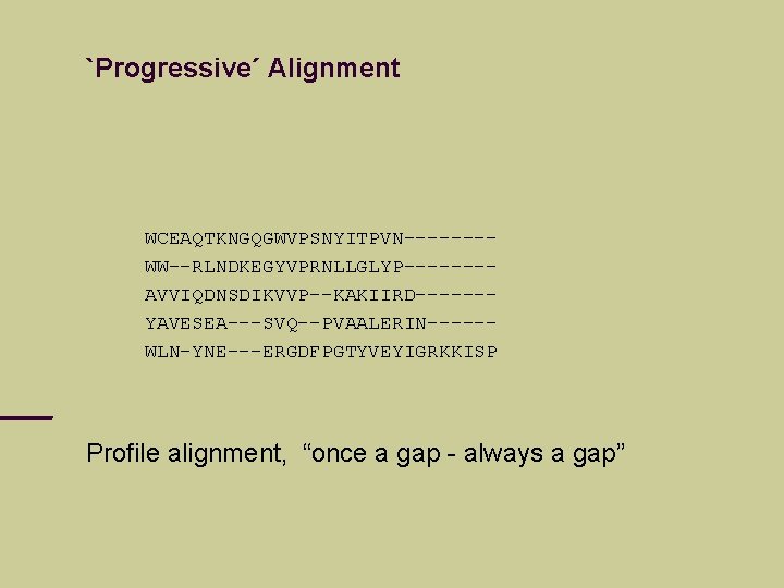 `Progressive´ Alignment WCEAQTKNGQGWVPSNYITPVN-------WW--RLNDKEGYVPRNLLGLYP-------AVVIQDNSDIKVVP--KAKIIRD------YAVESEA---SVQ--PVAALERIN-----WLN-YNE---ERGDFPGTYVEYIGRKKISP Profile alignment, “once a gap - always a gap” 