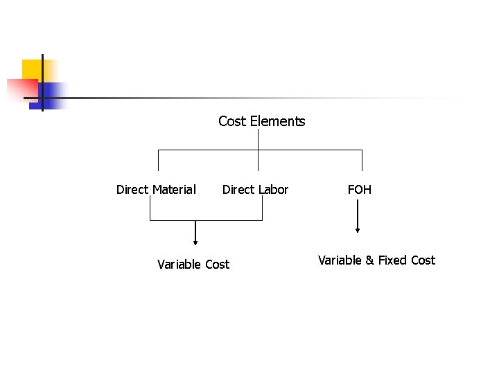 Cost Elements Direct Material Direct Labor Variable Cost FOH Variable & Fixed Cost 