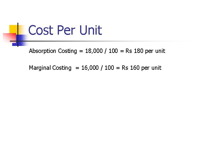 Cost Per Unit Absorption Costing = 18, 000 / 100 = Rs 180 per