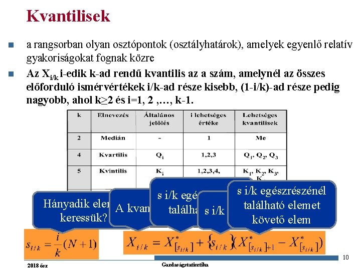 Kvantilisek n n a rangsorban olyan osztópontok (osztályhatárok), amelyek egyenlő relatív gyakoriságokat fognak közre