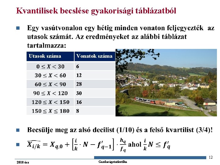 Kvantilisek becslése gyakorisági táblázatból n Utasok száma Vonatok száma 6 12 28 30 16