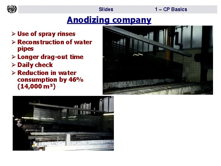 Slides Anodizing company Ø Use of spray rinses Ø Reconstruction of water pipes Ø