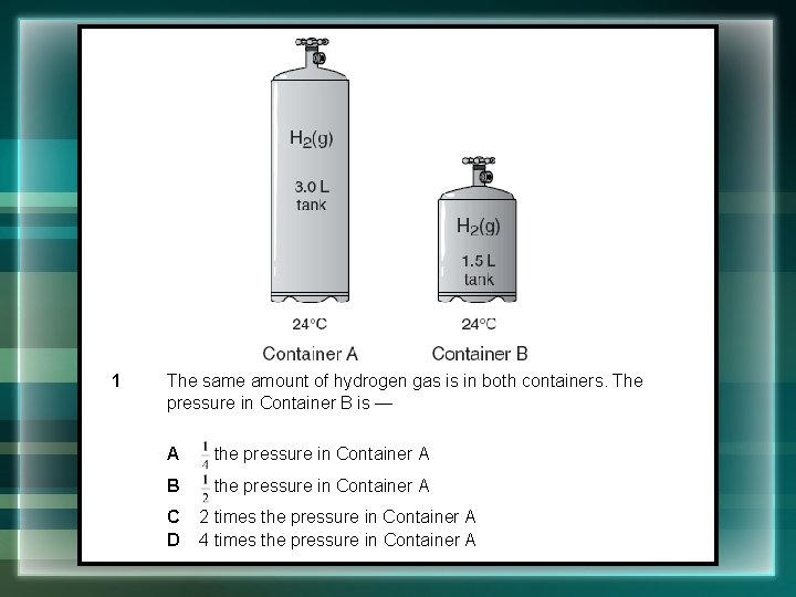 1 The same amount of hydrogen gas is in both containers. The pressure in