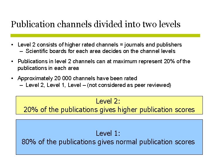 Publication channels divided into two levels • Level 2 consists of higher rated channels