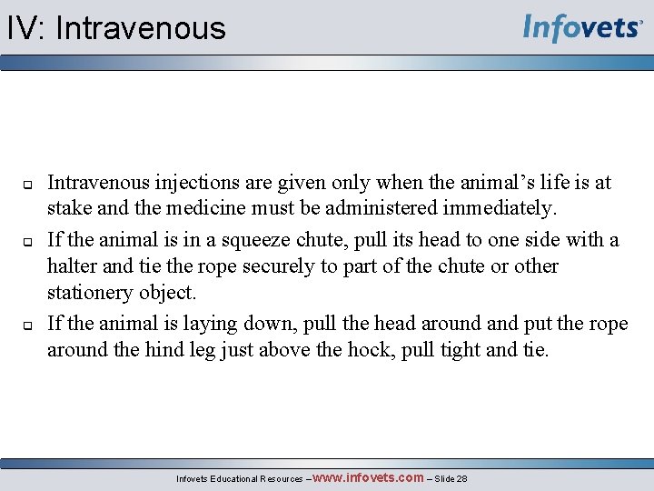 IV: Intravenous injections are given only when the animal’s life is at stake and